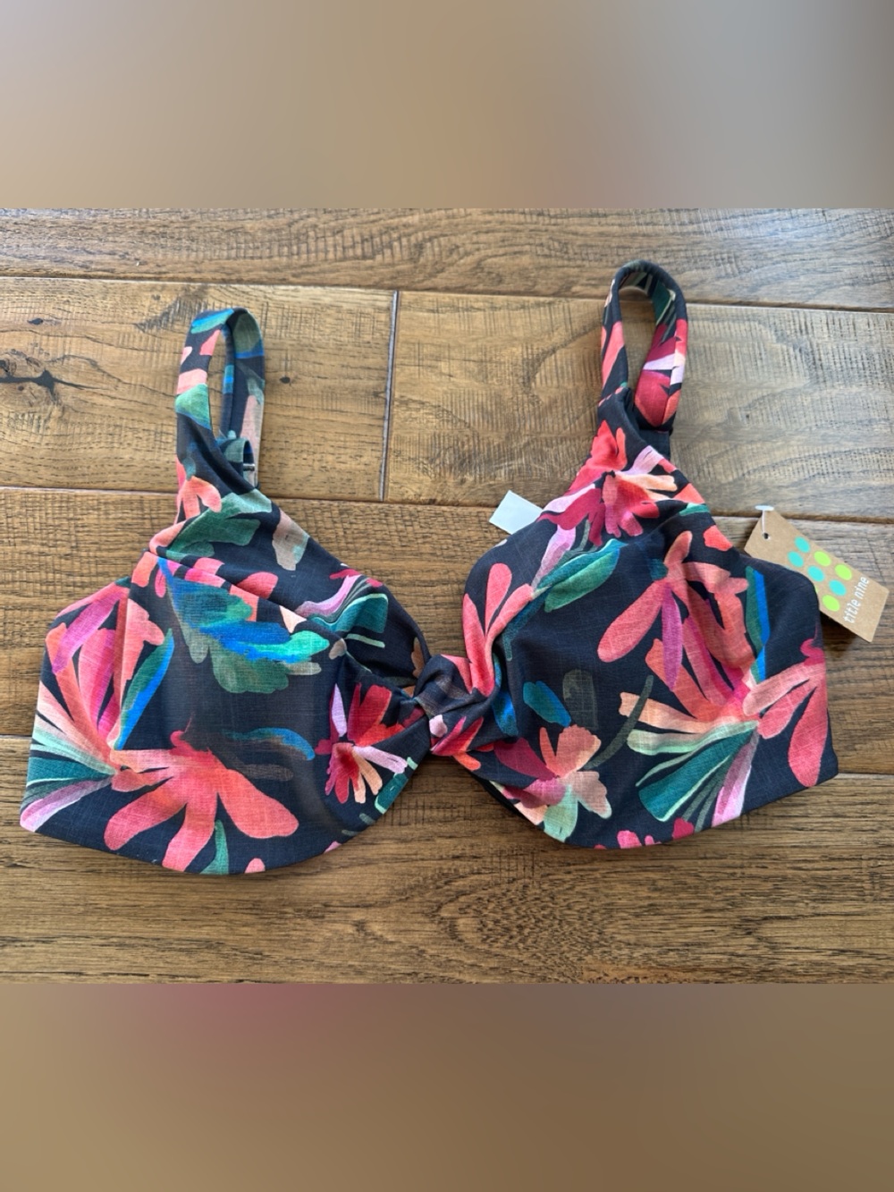 Title Nine Floral Bikini Top in Black with Pink, Coral, Teal and Green Accents